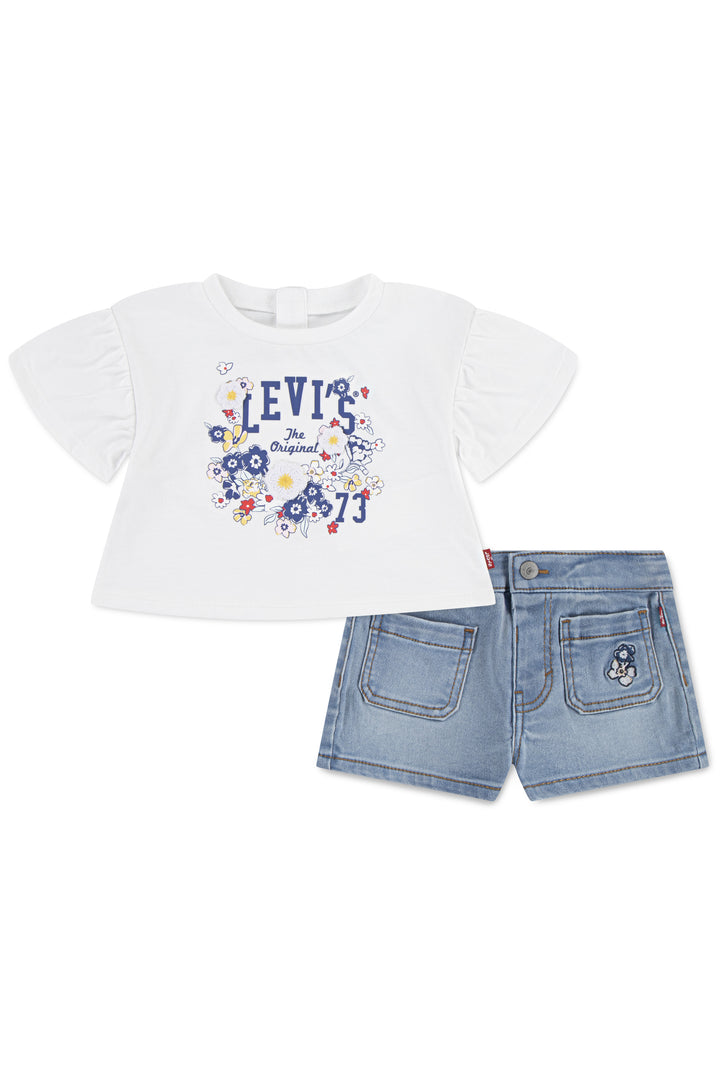 White Floral T-Shirt & Denim Shorts