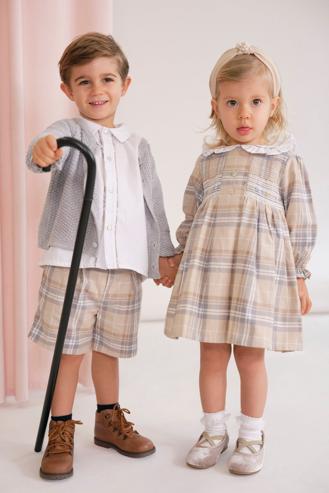 "Ethel" Beige Tartan Smocked Dress