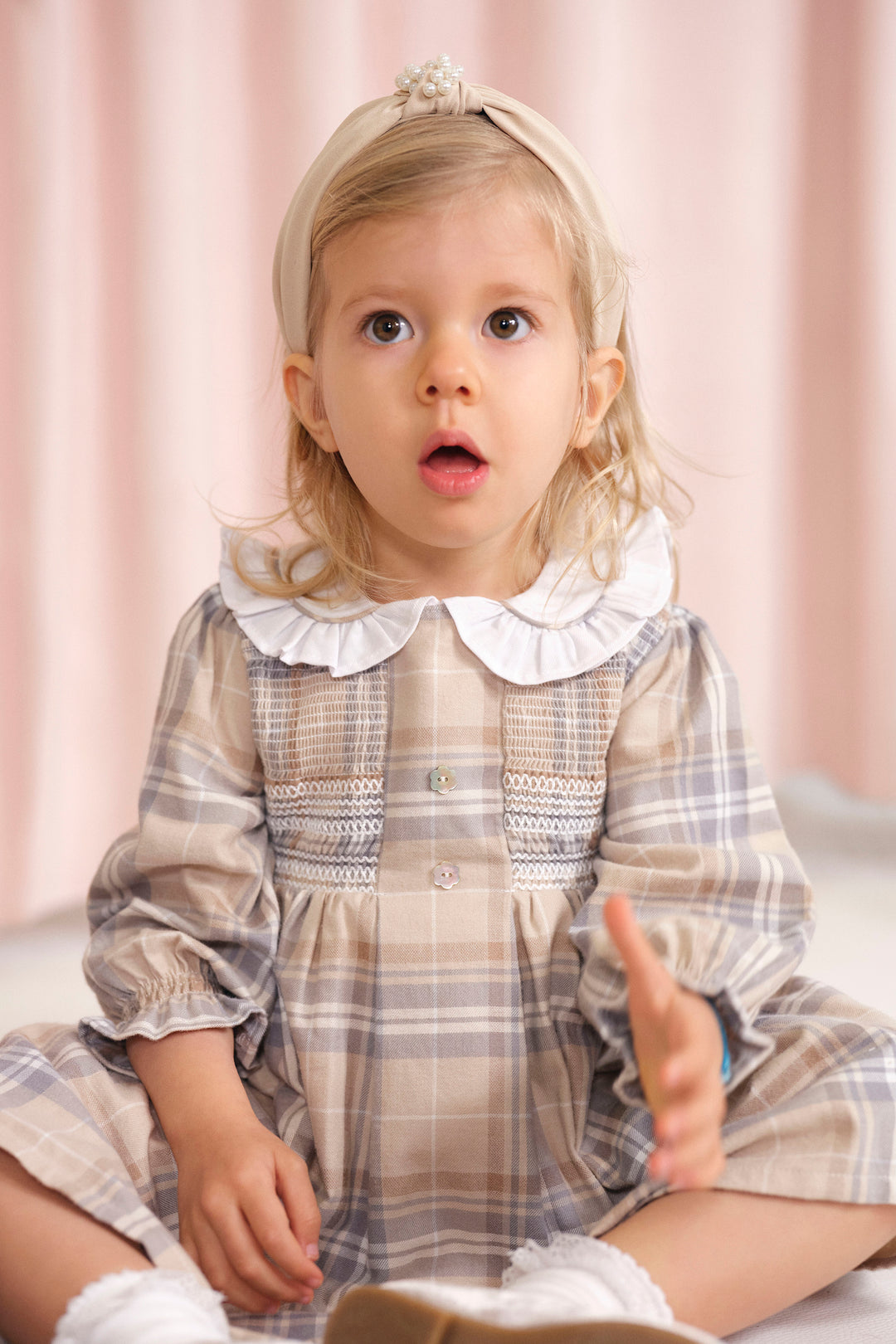 "Ethel" Beige Tartan Smocked Dress