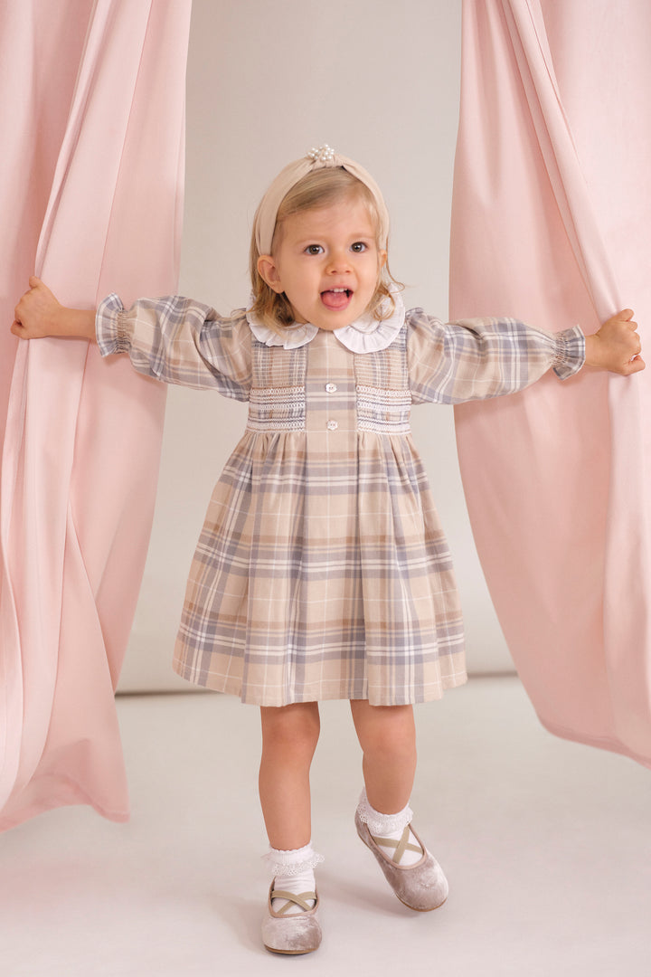 "Ethel" Beige Tartan Smocked Dress