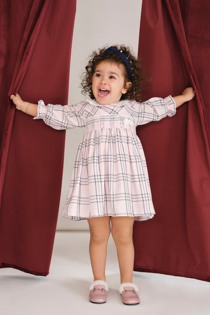 "Haven" Pale Pink Tartan Smocked Dress