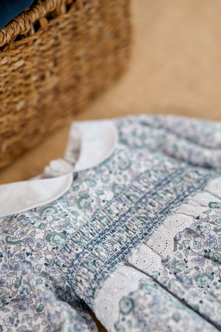 "Isadora" Dusky Blue Floral Smocked Romper
