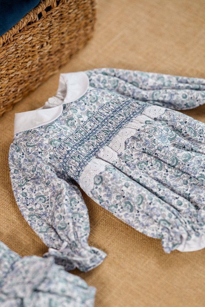 "Isadora" Dusky Blue Floral Smocked Romper