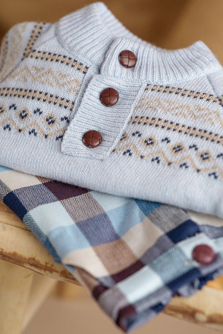 "Caspian" Fair Isle Jumper + Blue & Brown Heritage Check Trousers
