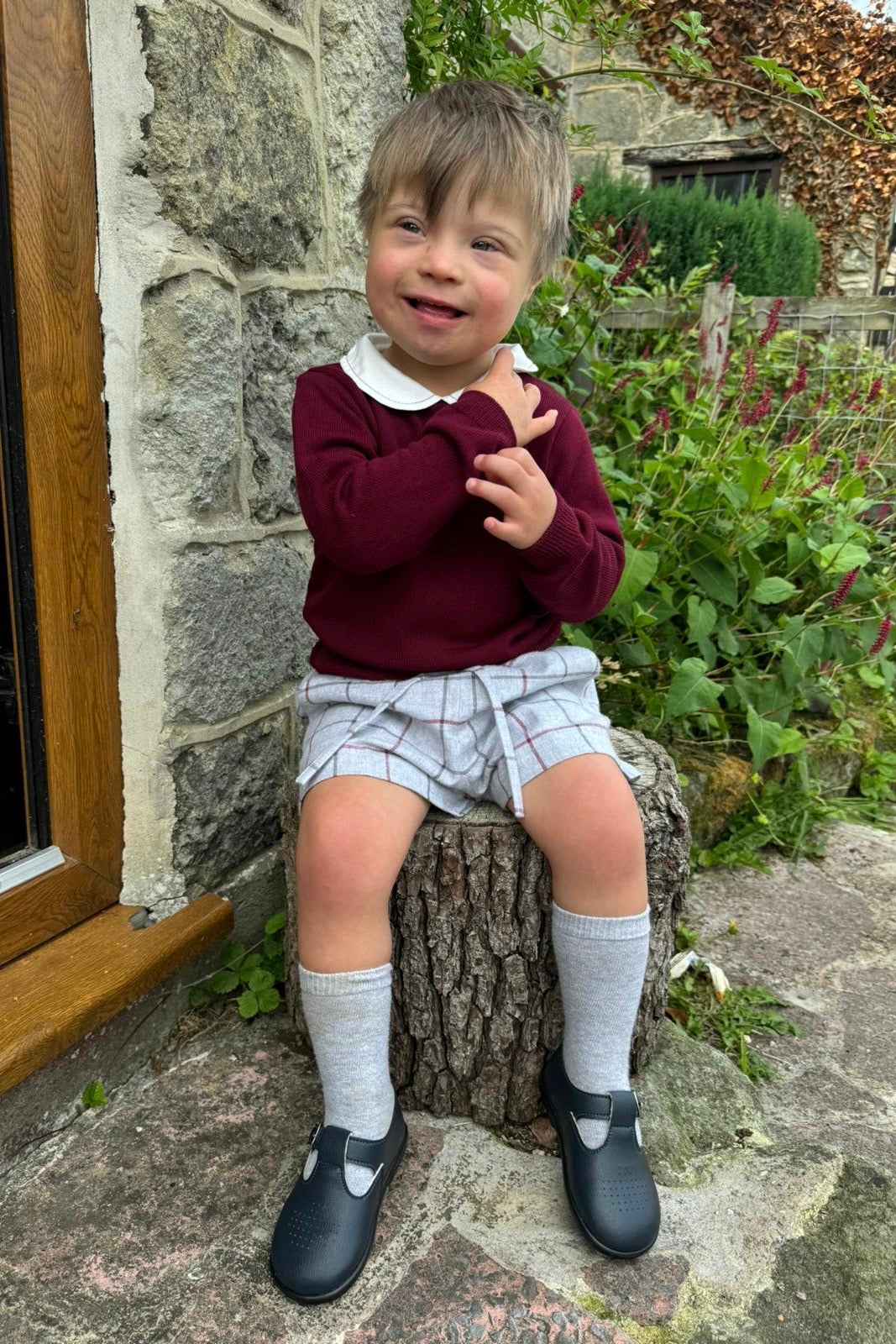 "Elijah" Burgundy Knit Top & Tartan Shorts