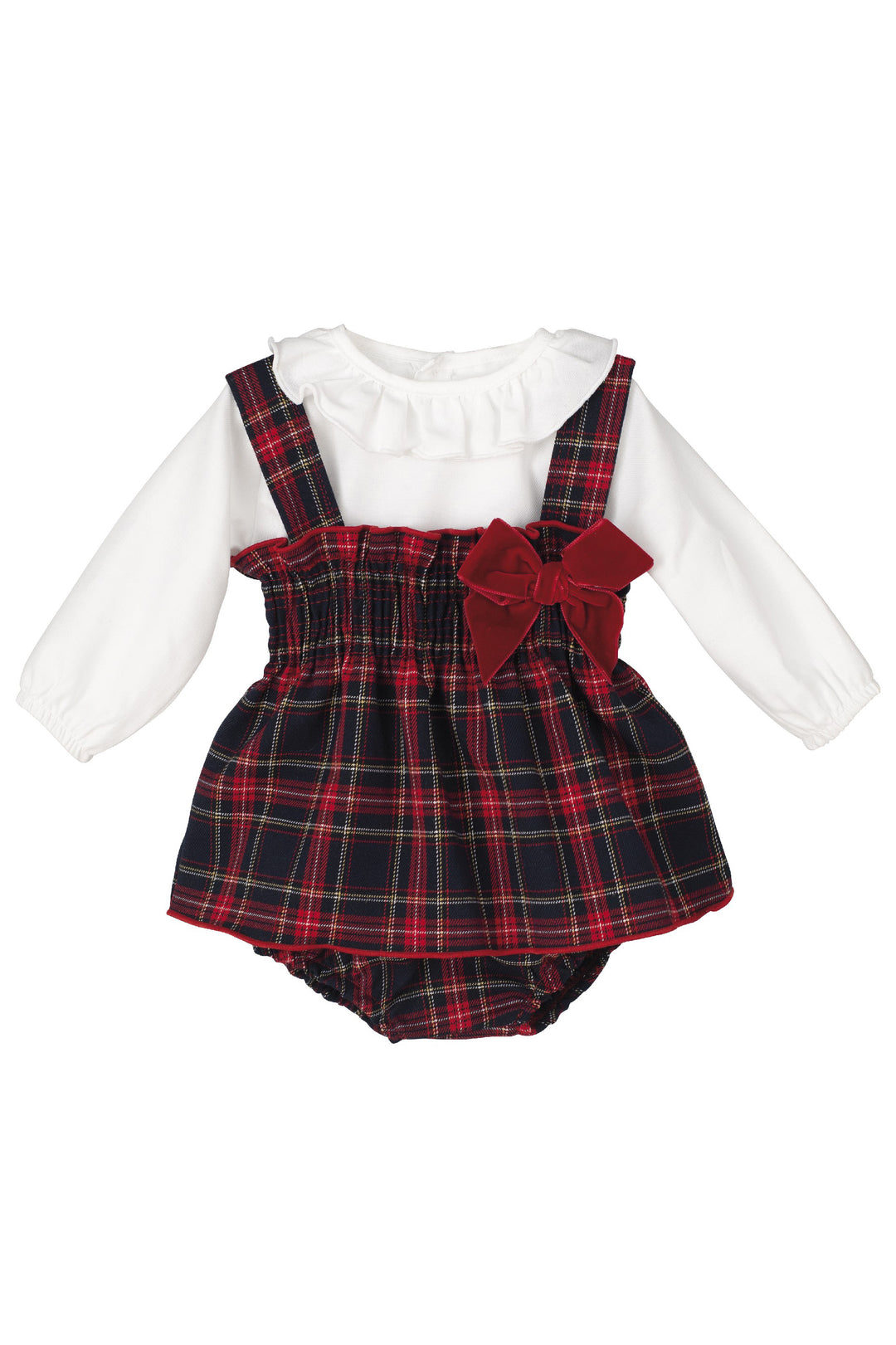 Calamaro Excellentt "Ivy" Blouse, Red Tartan Pinafore Dress & Bloomers | Millie and John