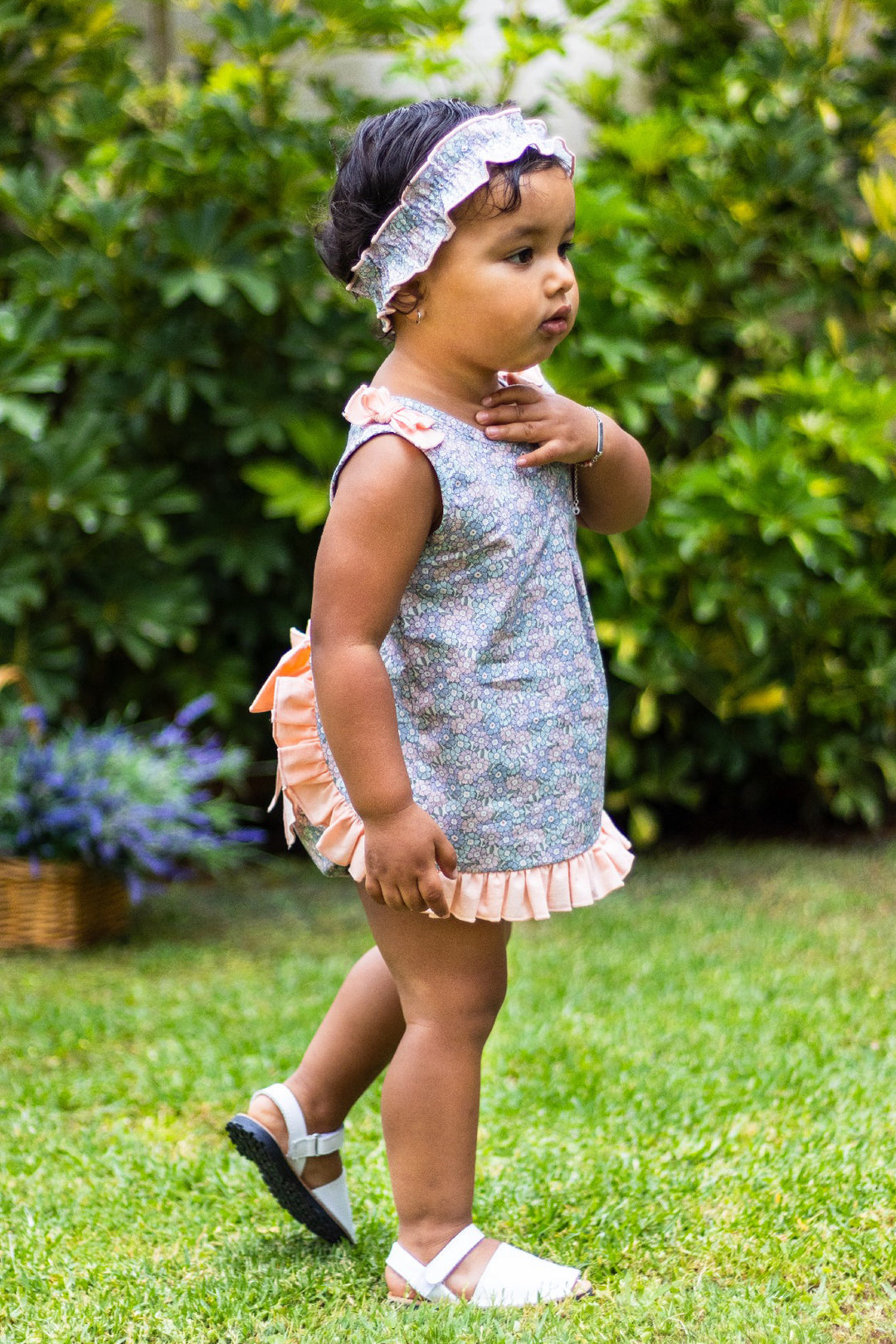 "Meadow" Peach & Lilac Floral Dress & Bloomers