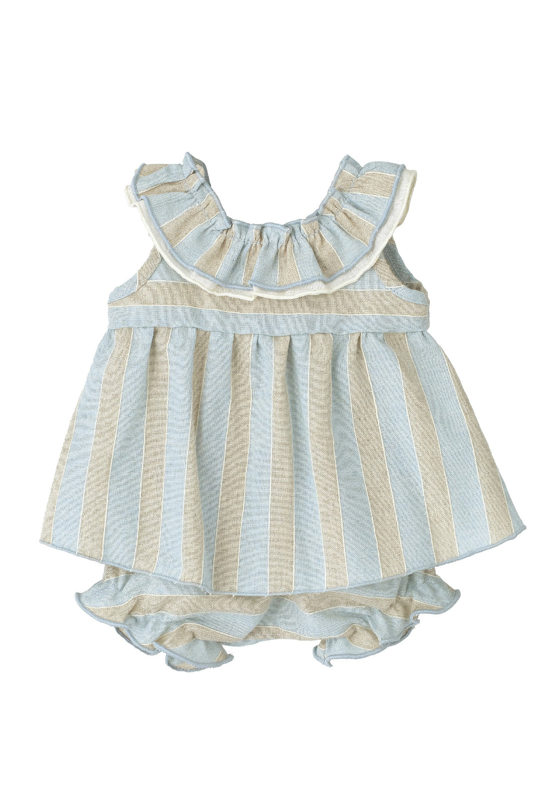 "Juliet" Powder Blue & Stone Striped Dress & Bloomers