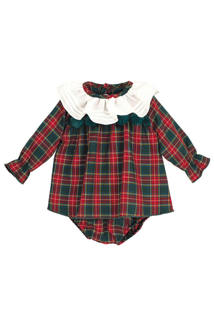"Nora" Red & Bottle Green Tartan Pom Pom Dress & Bloomers