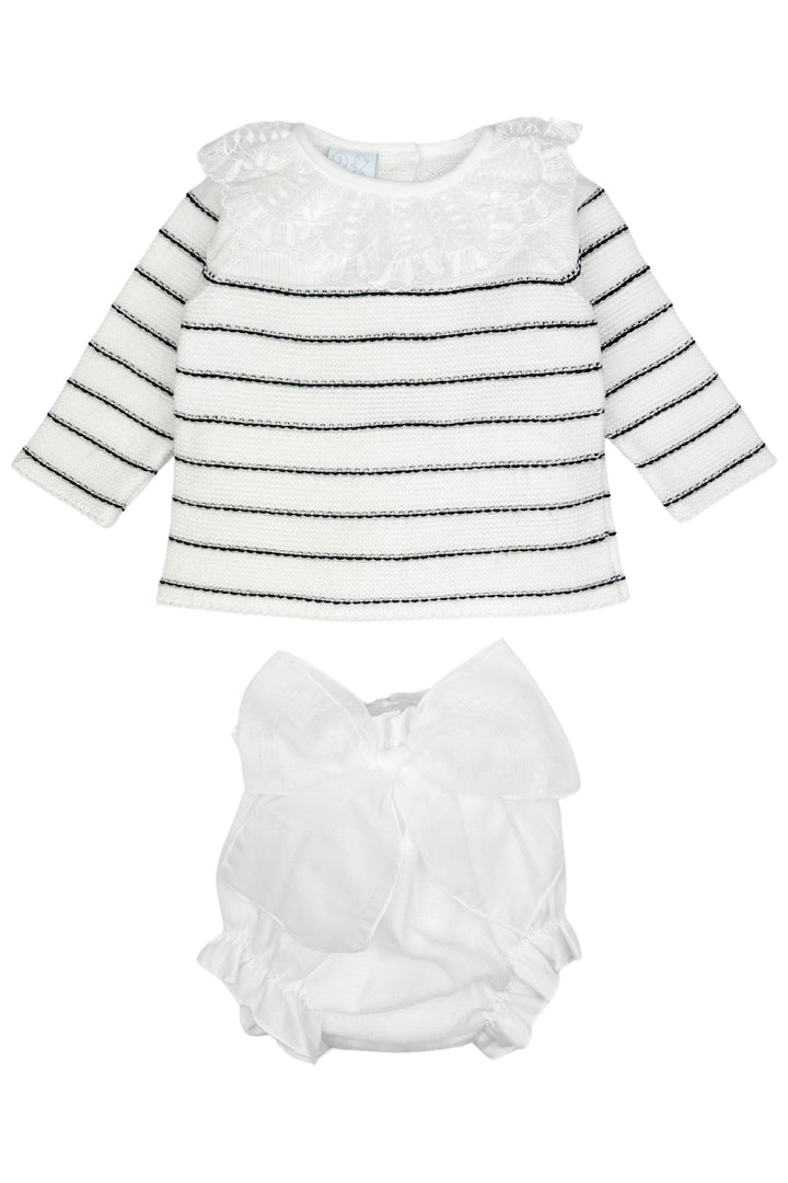 "Gracie" Ivory & Black Stripe Knit Top & Bow Bloomers