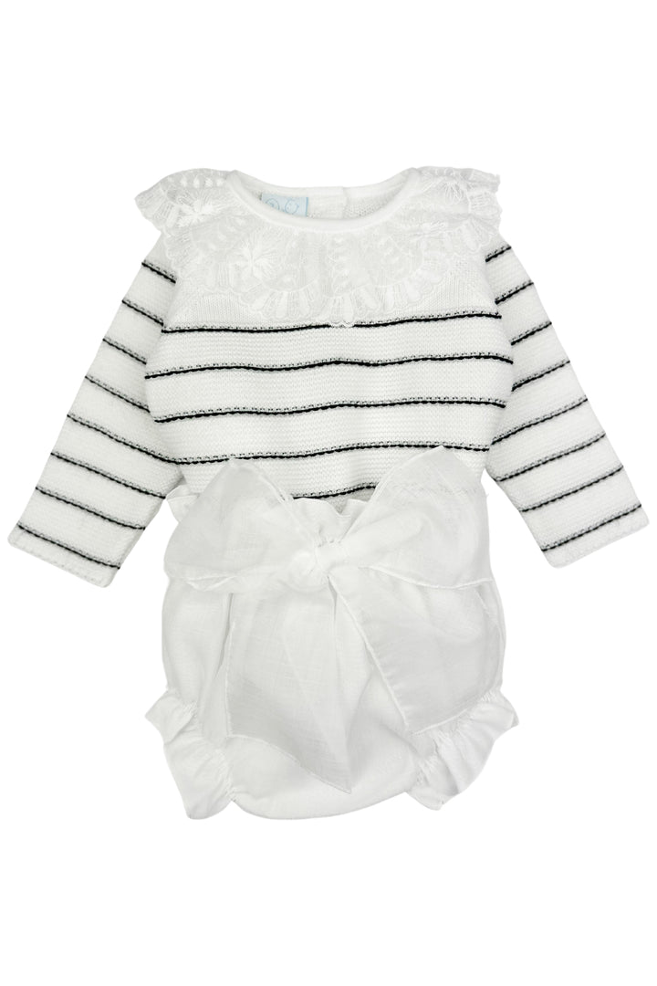 "Gracie" Ivory & Black Stripe Knit Top & Bow Bloomers