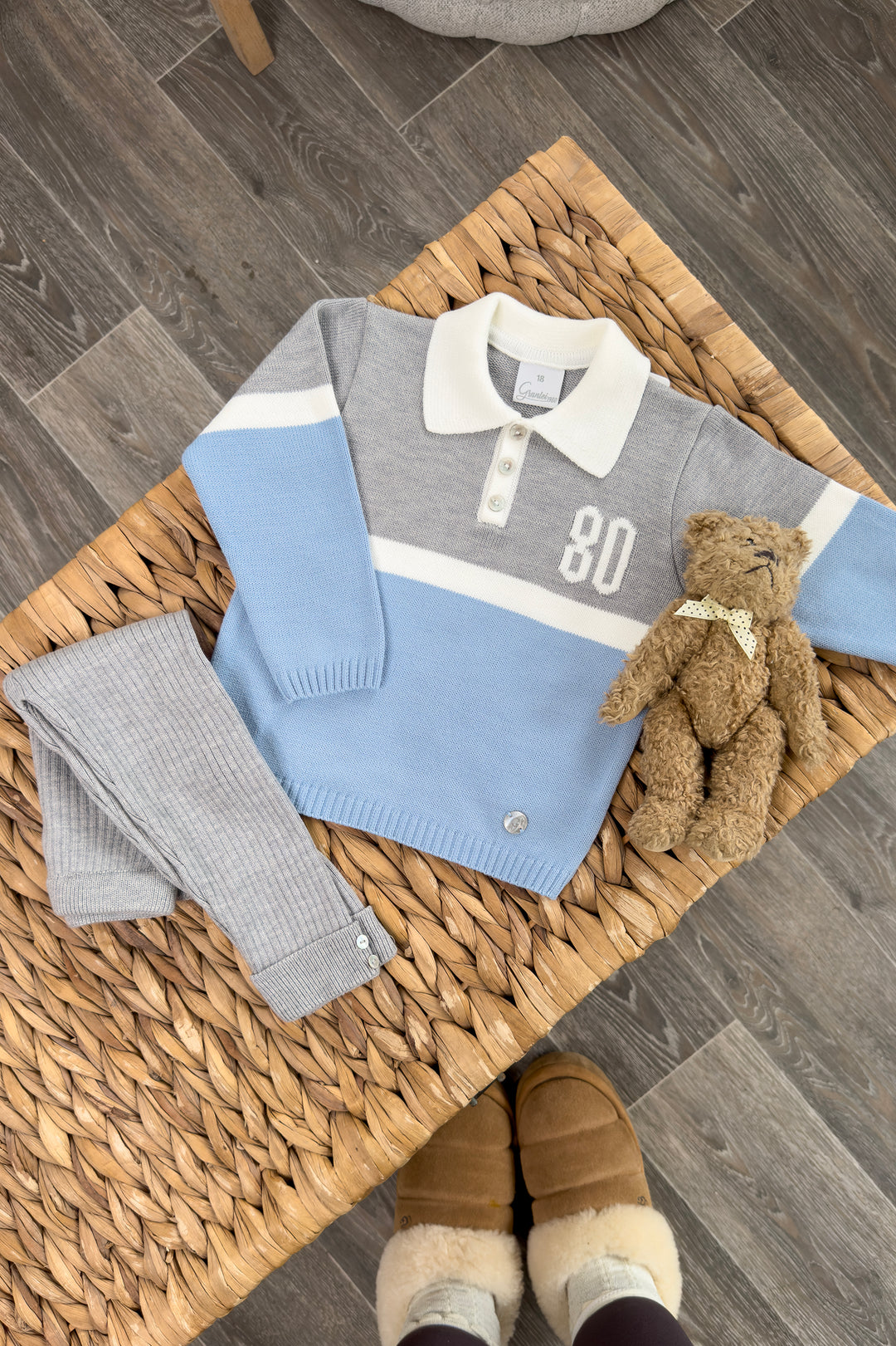 "Oscar" Dusky Blue & Grey Knit Polo Top & Leggings