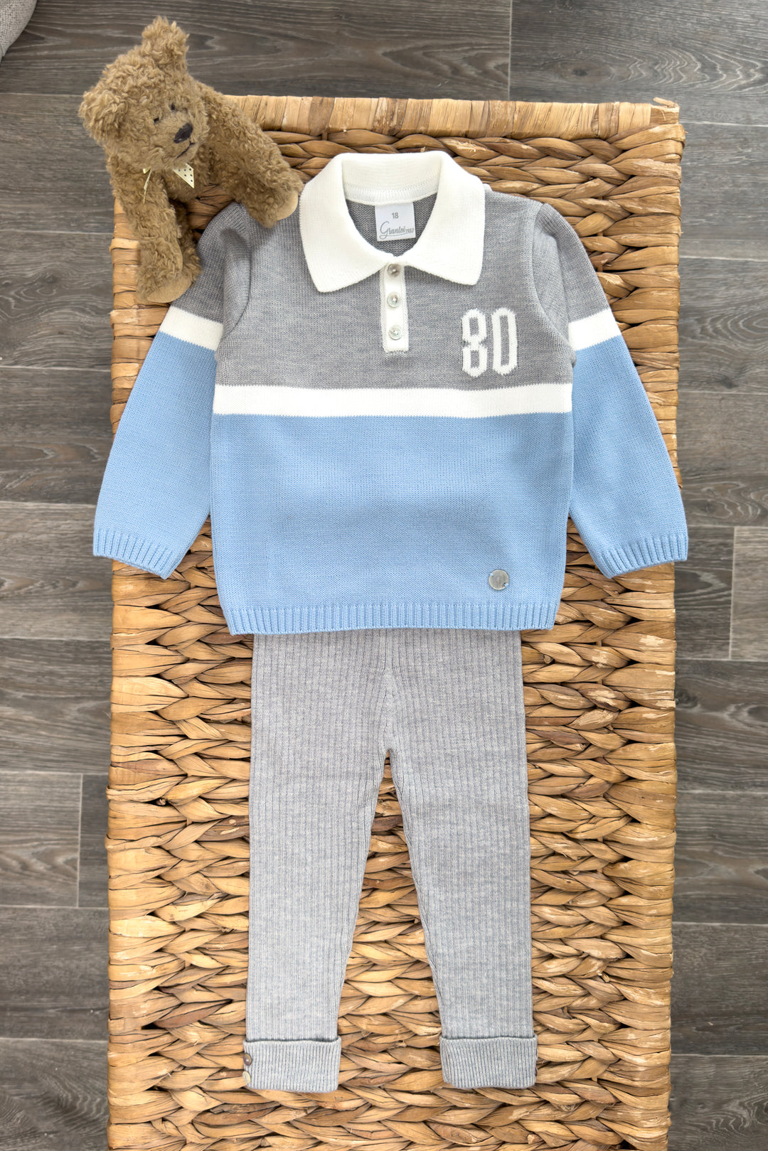 "Oscar" Dusky Blue & Grey Knit Polo Top & Leggings