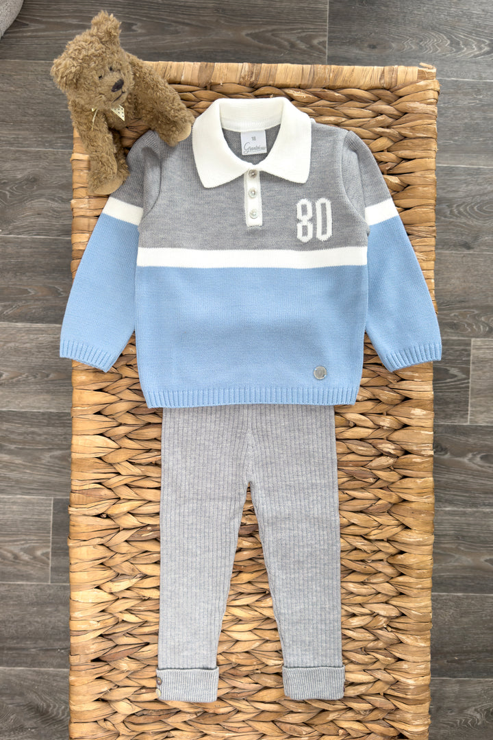 "Oscar" Dusky Blue & Grey Knit Polo Top & Leggings