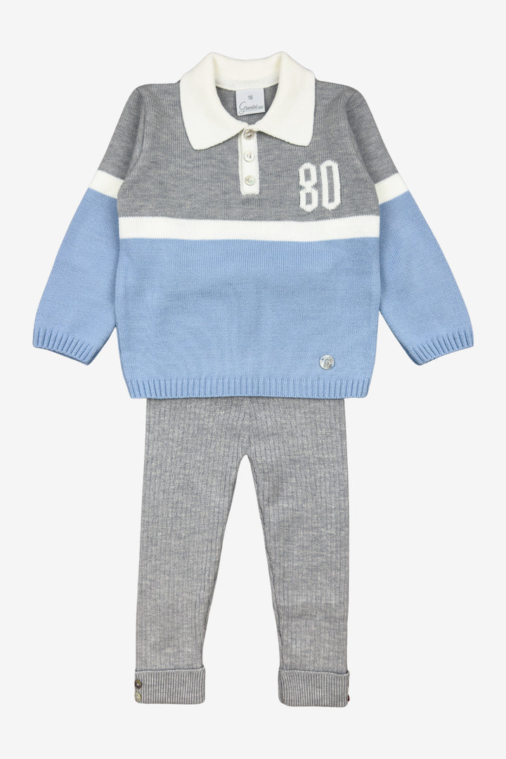 "Oscar" Dusky Blue & Grey Knit Polo Top & Leggings