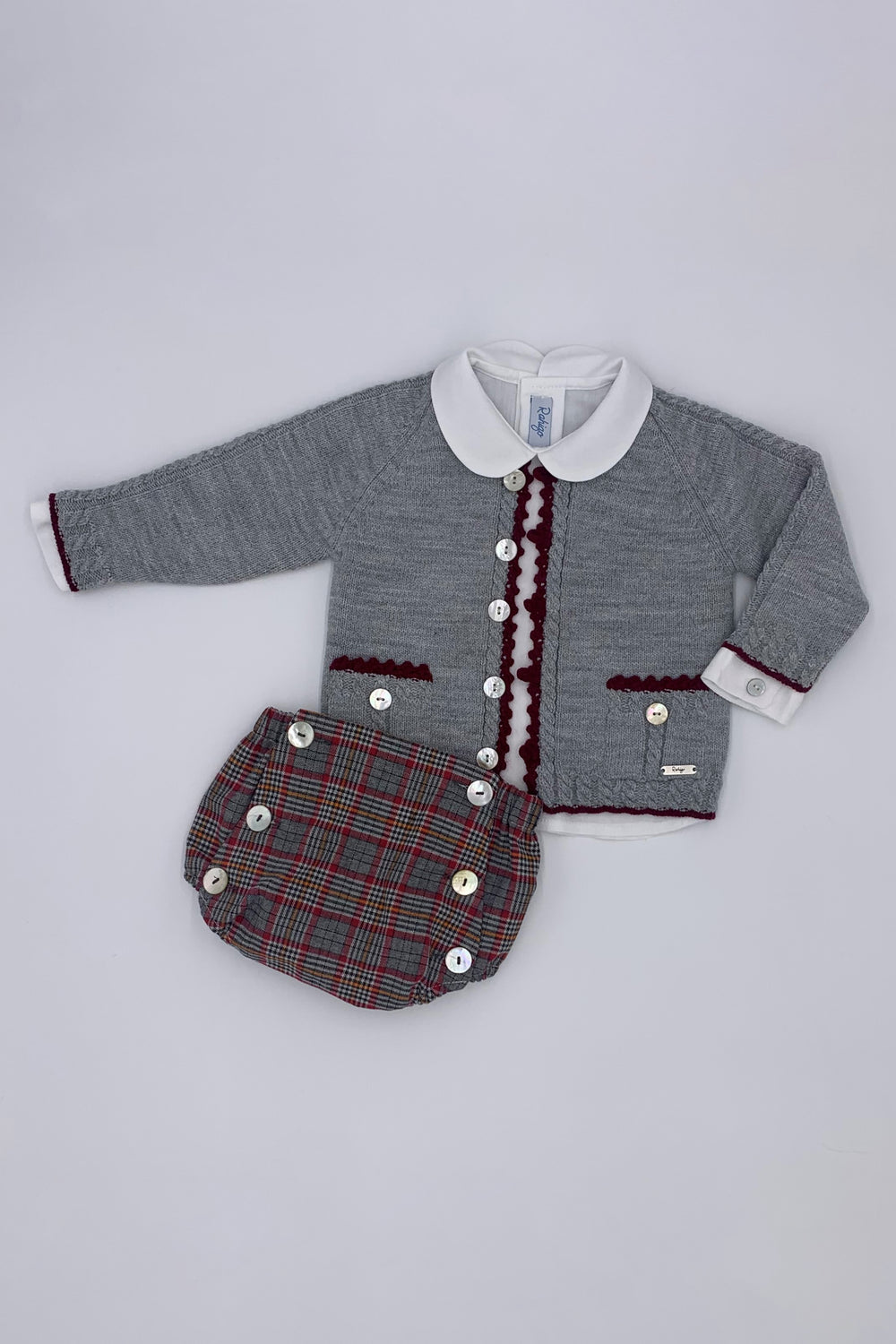 Rahigo PREORDER "Leonard" Grey Knit Burgundy Tartan Outfit Set | Millie and John