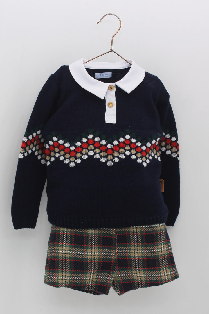 Foque PREORDER "Percy" Navy Knit Polo Shirt & Tartan Shorts | Millie and John
