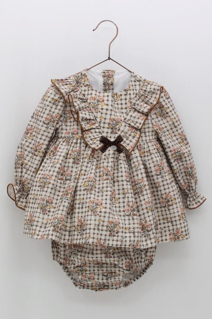 Foque "Esther" Camel Checked Floral Dress & Bloomers | Millie and John