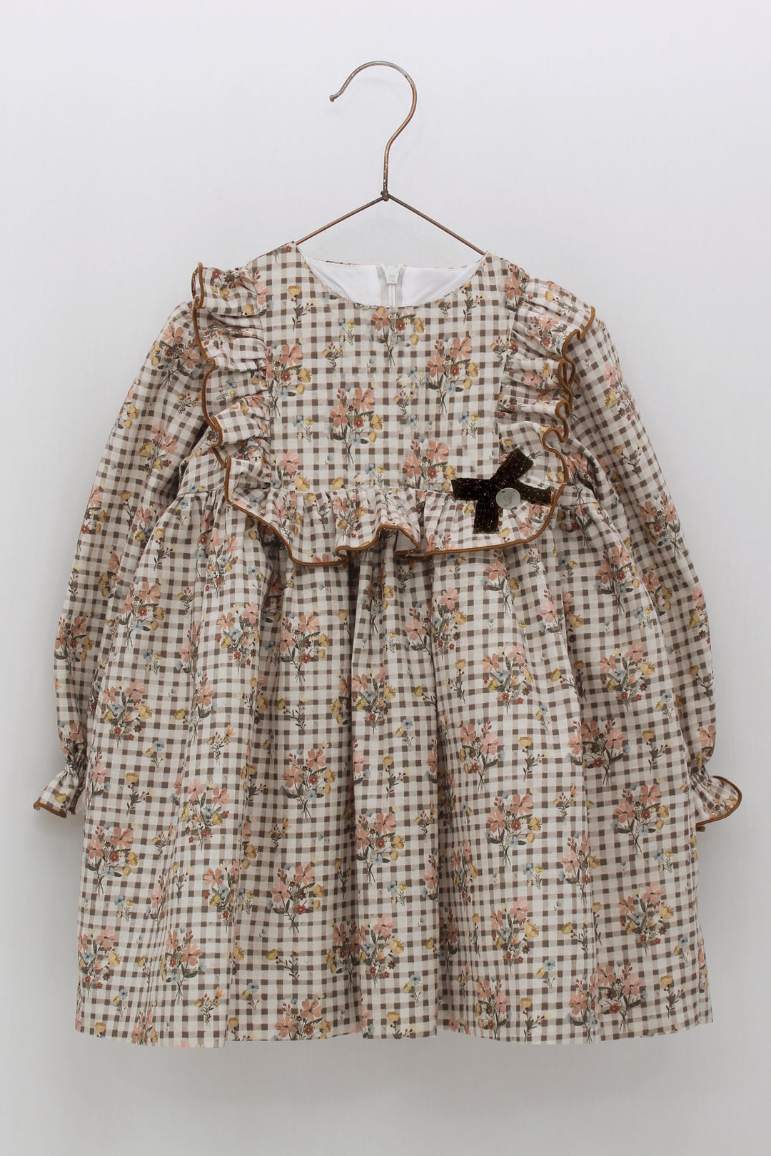 Foque "Edna" Camel Checked Floral Dress | Millie and John