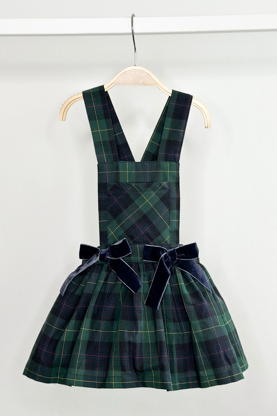 Phi "Ada" Bottle Green Tartan Pinafore Dress | Millie and John