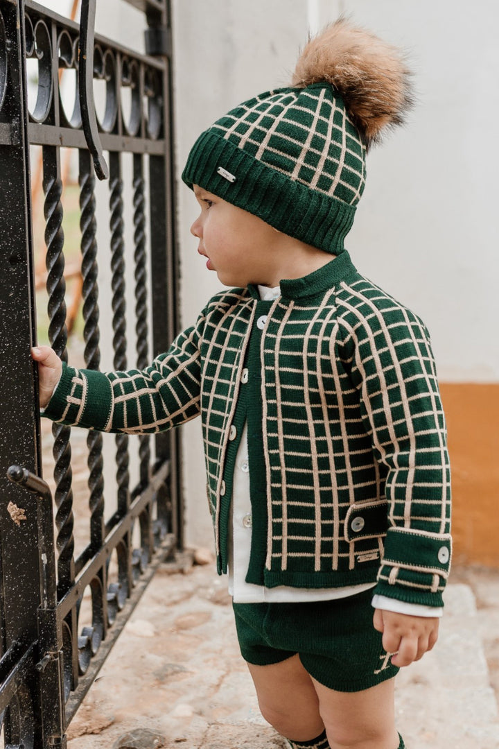 "Archie" Bottle Green & Camel Check Knit Cardigan, Shirt & Shorts