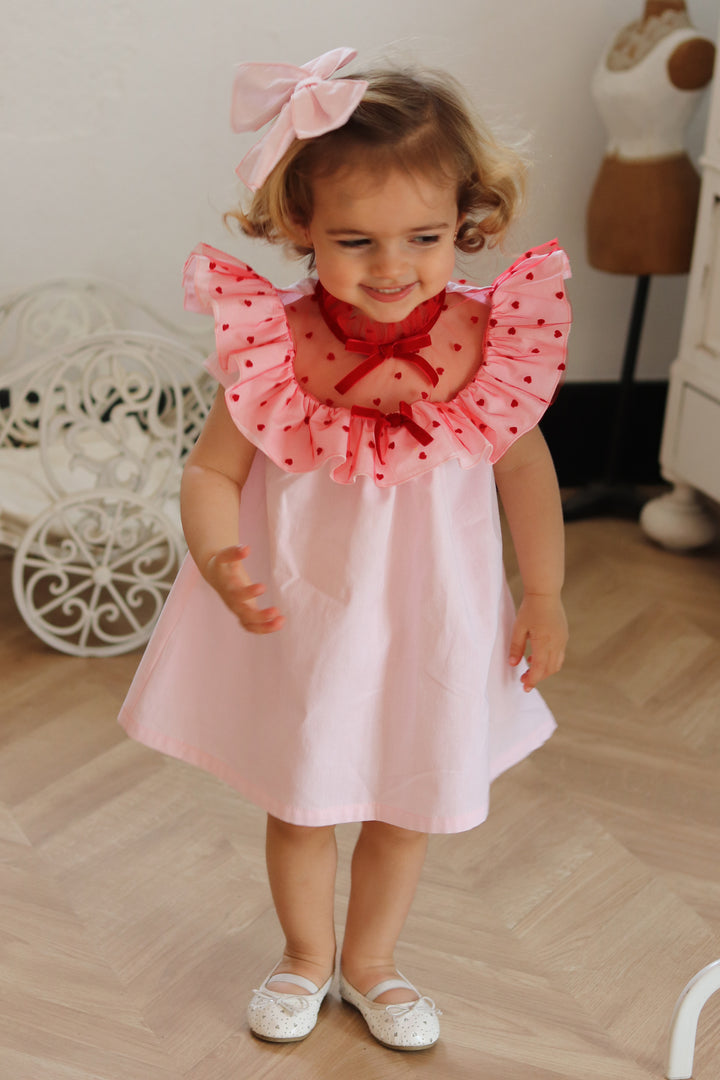 "Lovella" Pink & Red Heart Print Tulle Dress