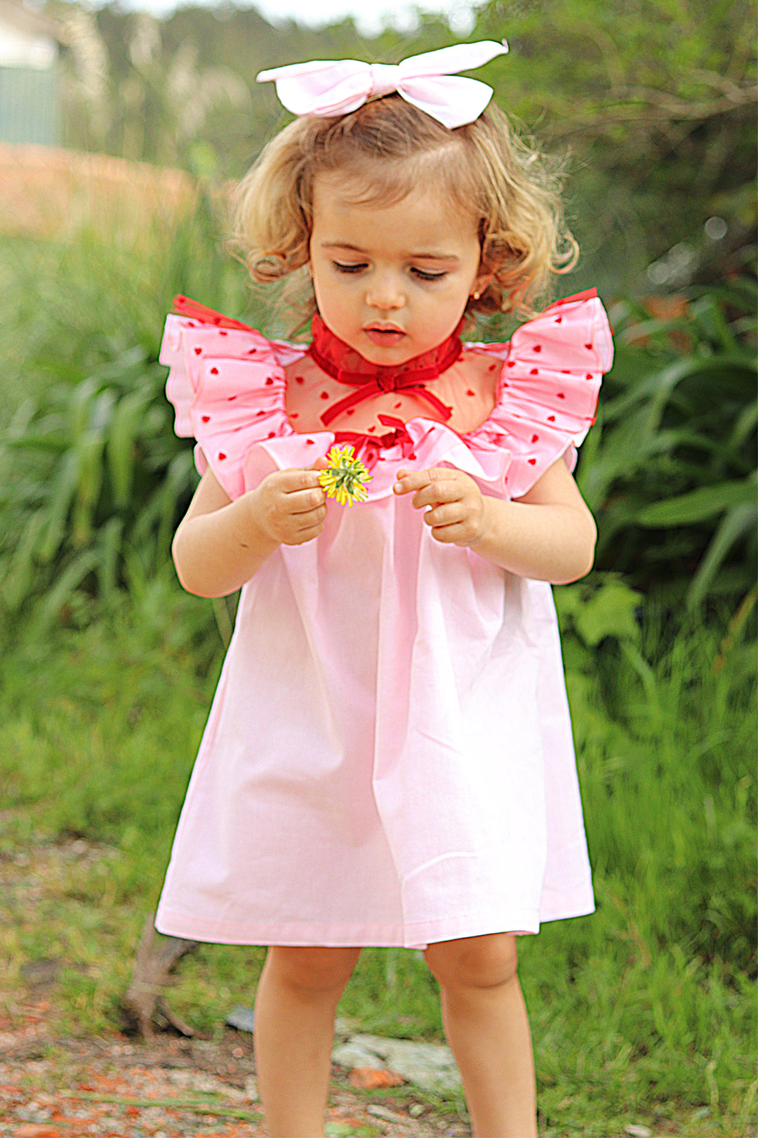 "Lovella" Pink & Red Heart Print Tulle Dress