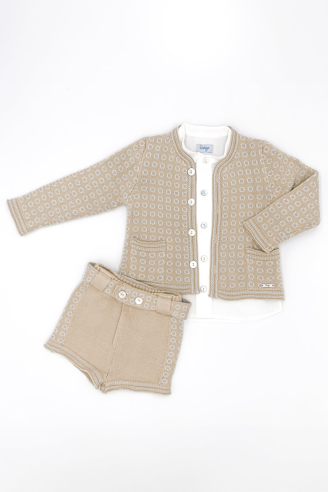 Rahigo PREORDER "Albie" Camel & Baby Blue Knit Cardigan, Shirt & Shorts | Millie and John
