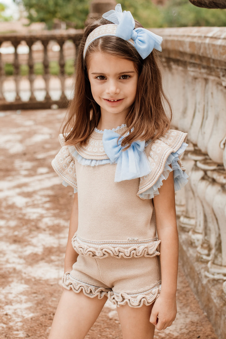 Rahigo PREORDER "Emilia" Camel & Baby Blue Knit Top & Shorts | Millie and John