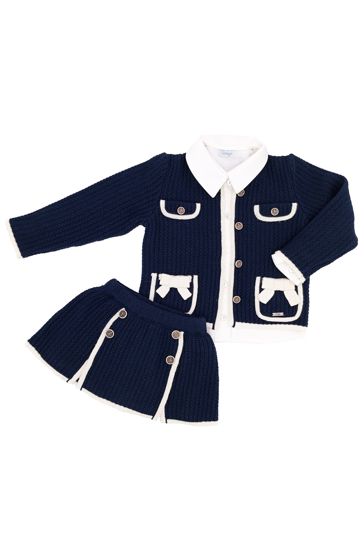 "Nova" Navy & Cream Knit Cardigan, Blouse & Skirt