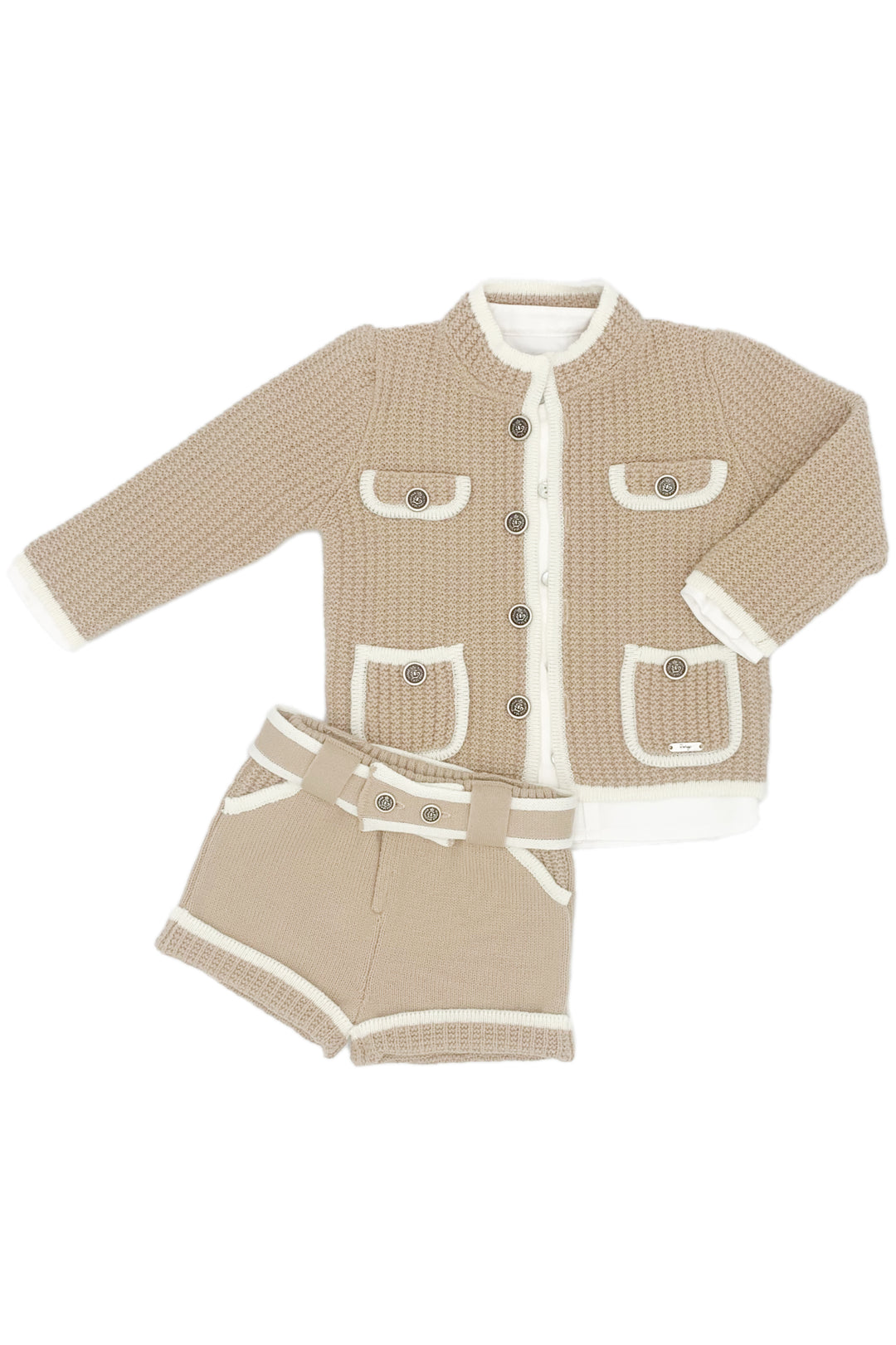 "Jude" Camel & Cream Knit Cardigan, Shirt & Shorts