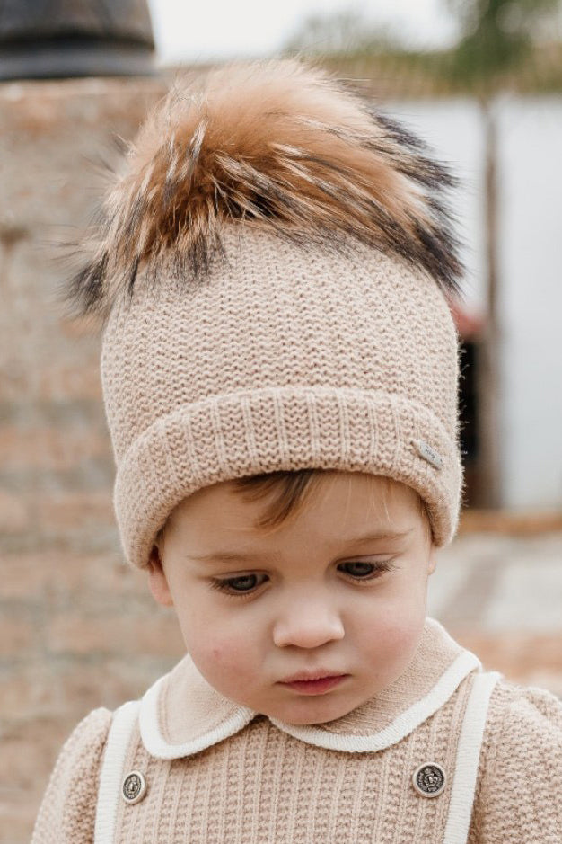 Camel Knit Faux Fur Pom Pom Hat