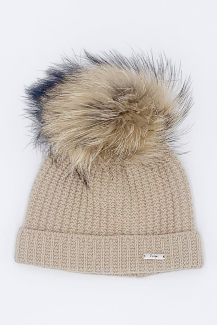 Camel Knit Faux Fur Pom Pom Hat