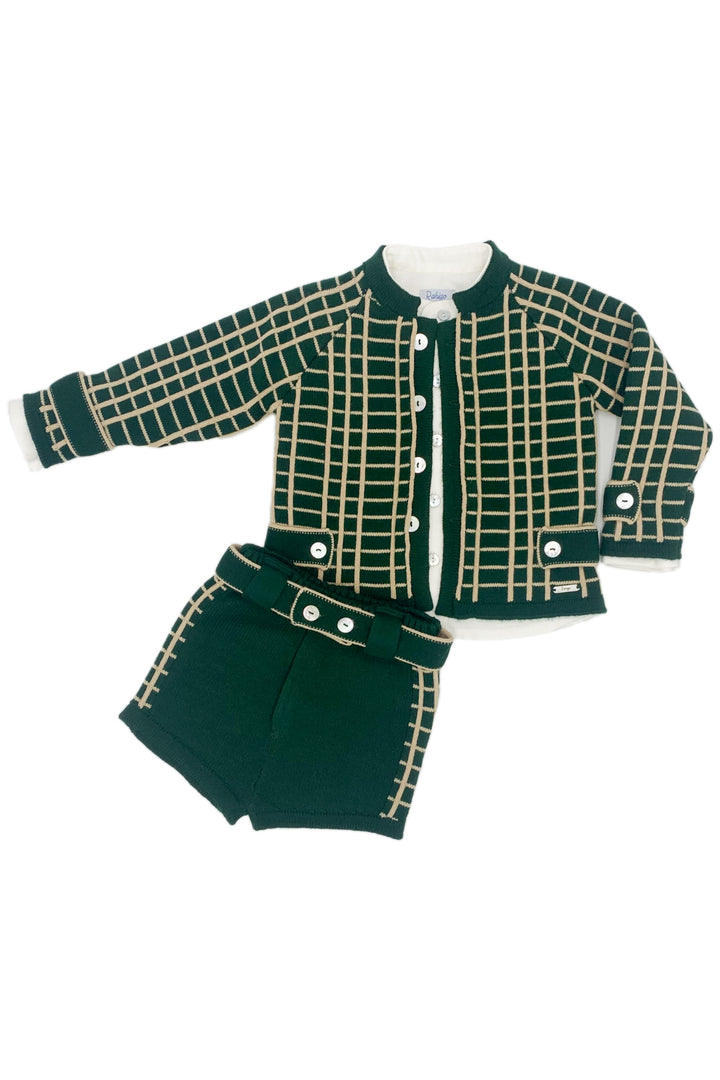 "Archie" Bottle Green & Camel Check Knit Cardigan, Shirt & Shorts