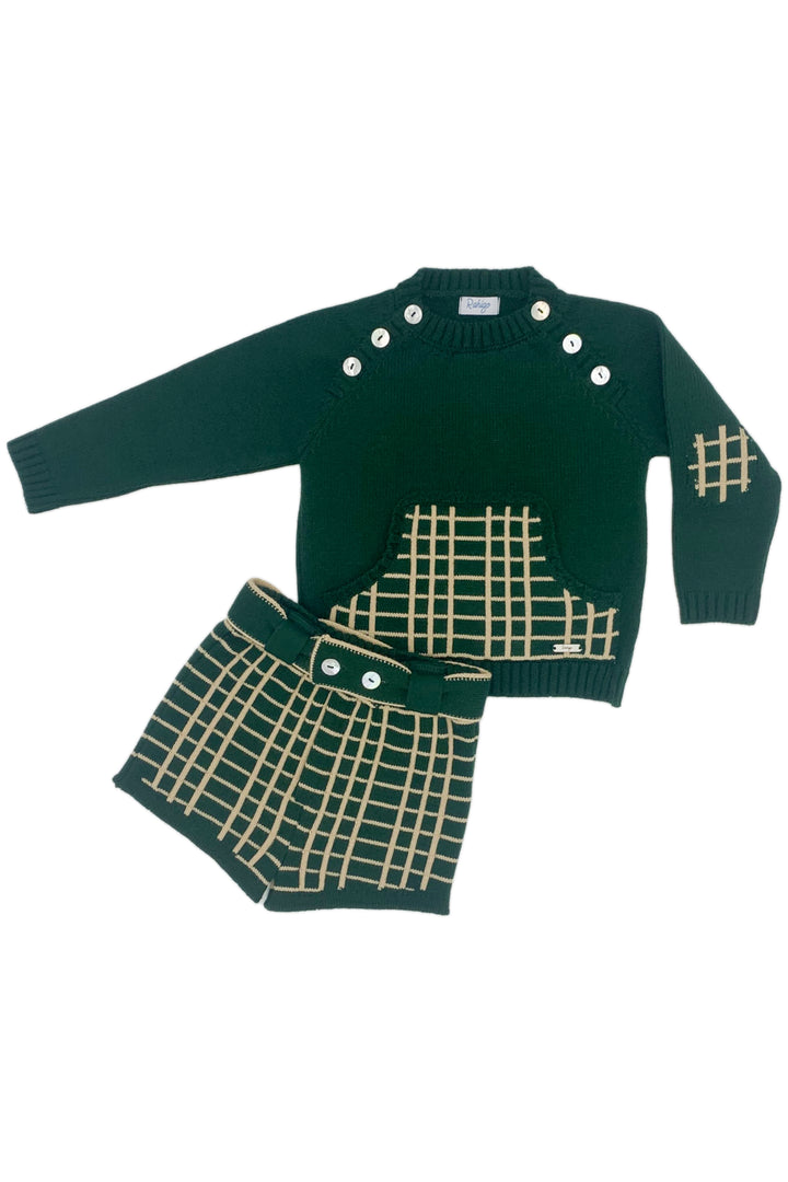 "Roman" Bottle Green & Camel Check Knit Jumper & Shorts