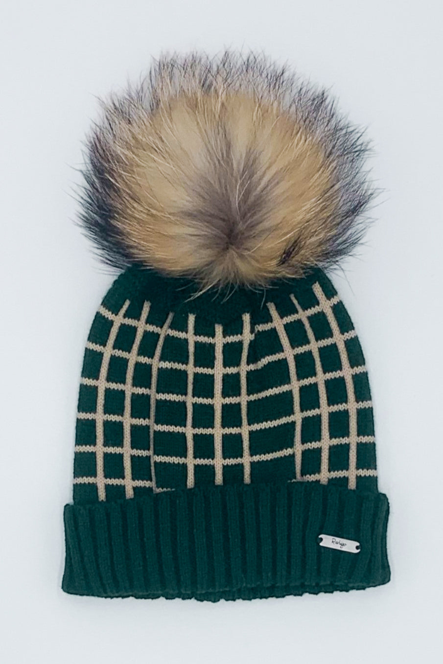 Bottle Green & Camel Check Knit Faux Fur Pom Pom Hat