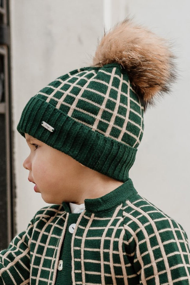 Bottle Green & Camel Check Knit Faux Fur Pom Pom Hat