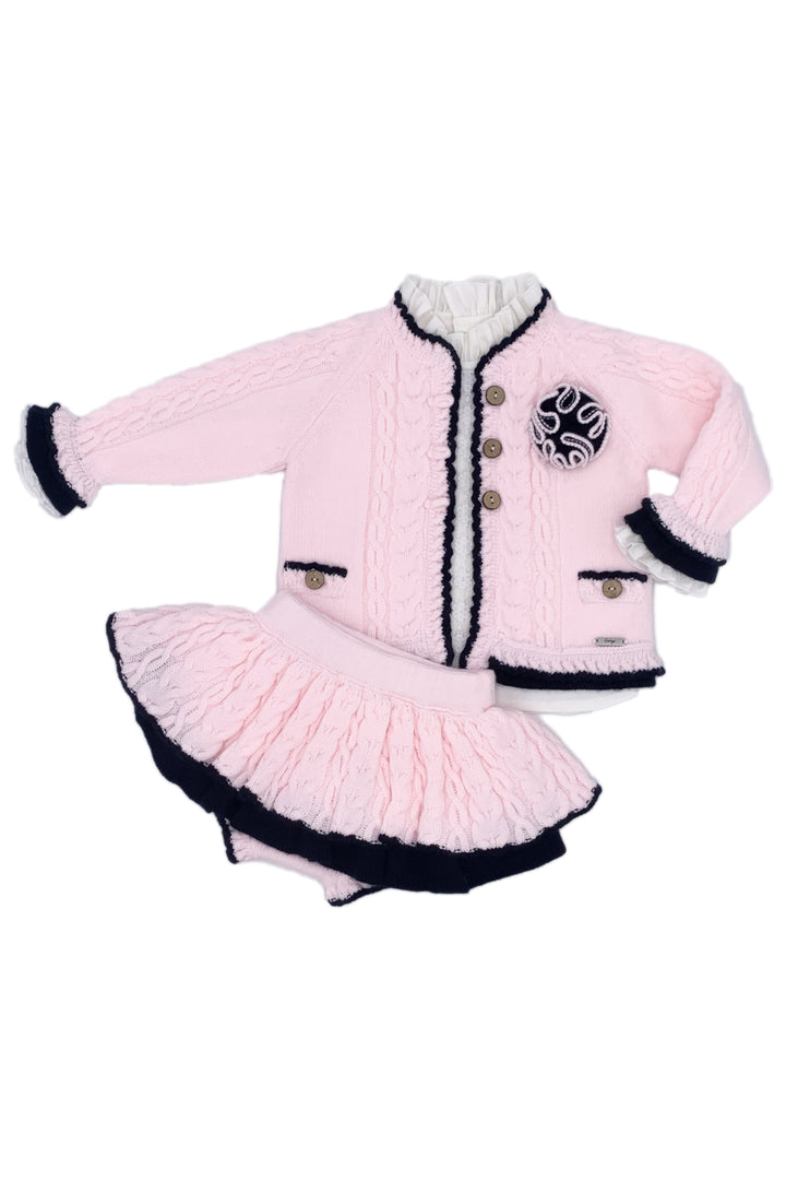 "Sophia" Baby Pink & Navy Knit Cardigan, Blouse & Bloomers