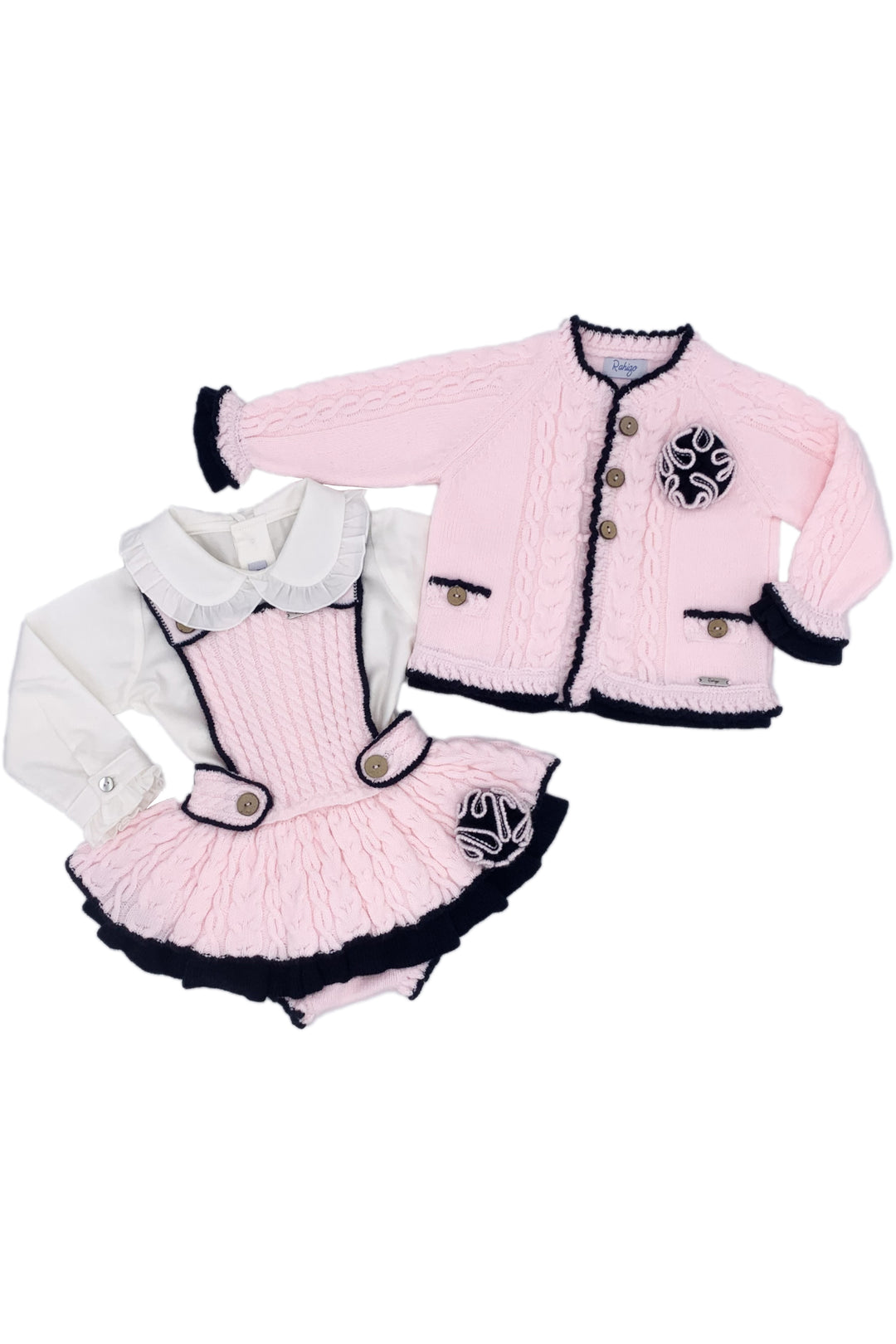 "Rosie" Baby Pink & Navy Knit Dungaree Romper Set