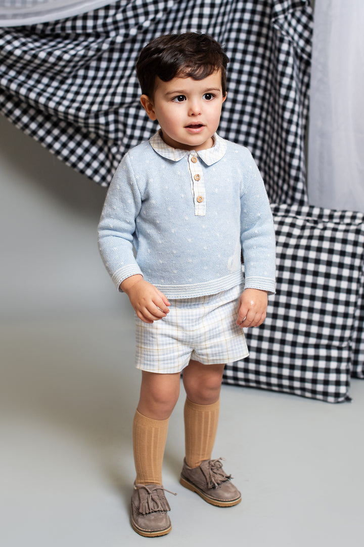 "Eddie" Sky Blue Knit Teddy Top & Tartan Shorts