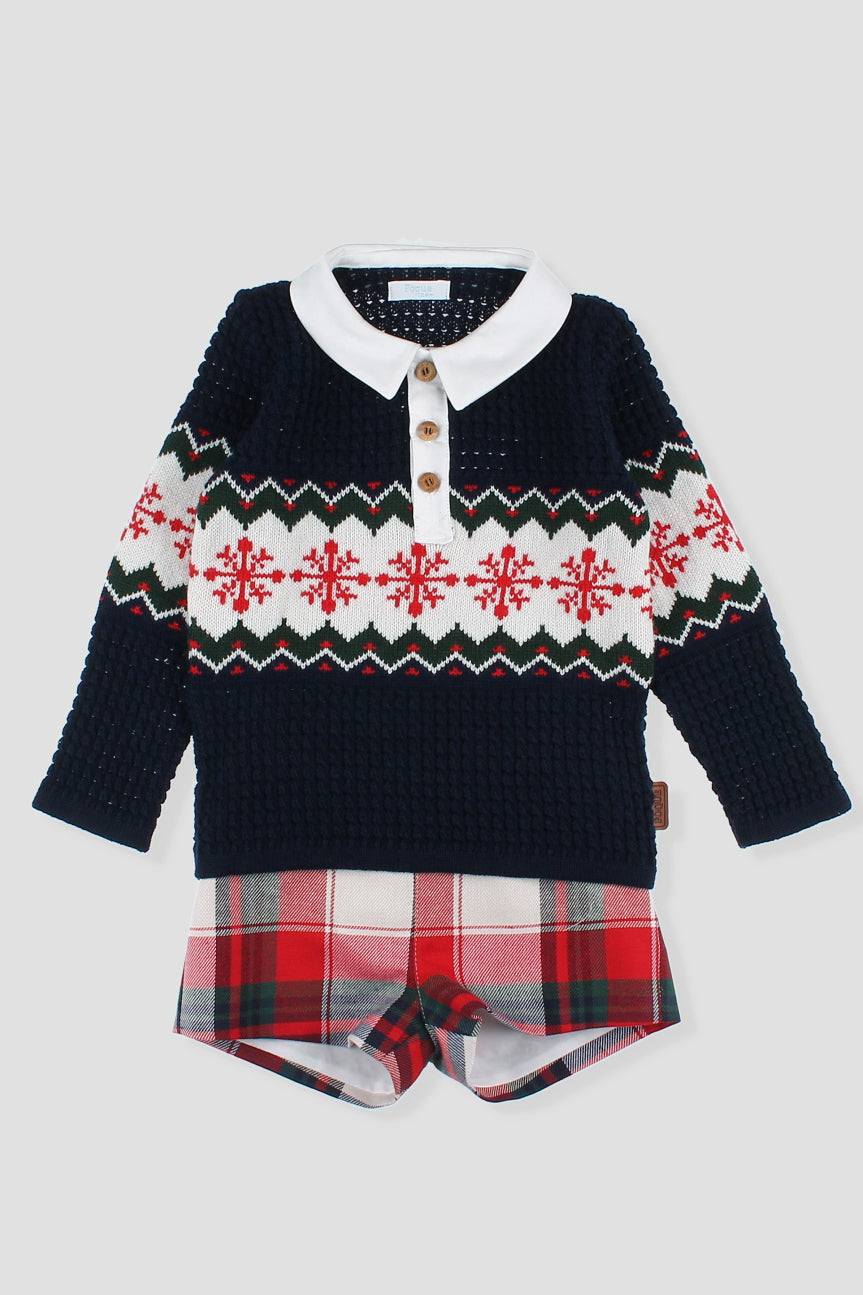 "Arlo" Navy Fair Isle Polo Top & Red Tartan Shorts