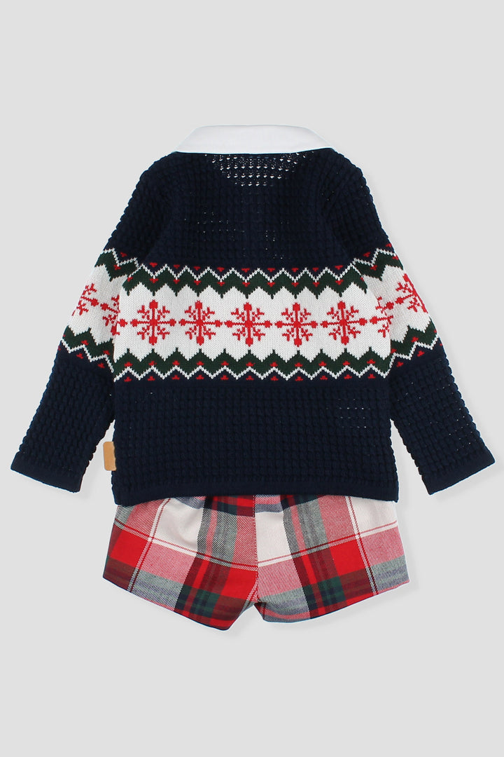 "Arlo" Navy Fair Isle Polo Top & Red Tartan Shorts