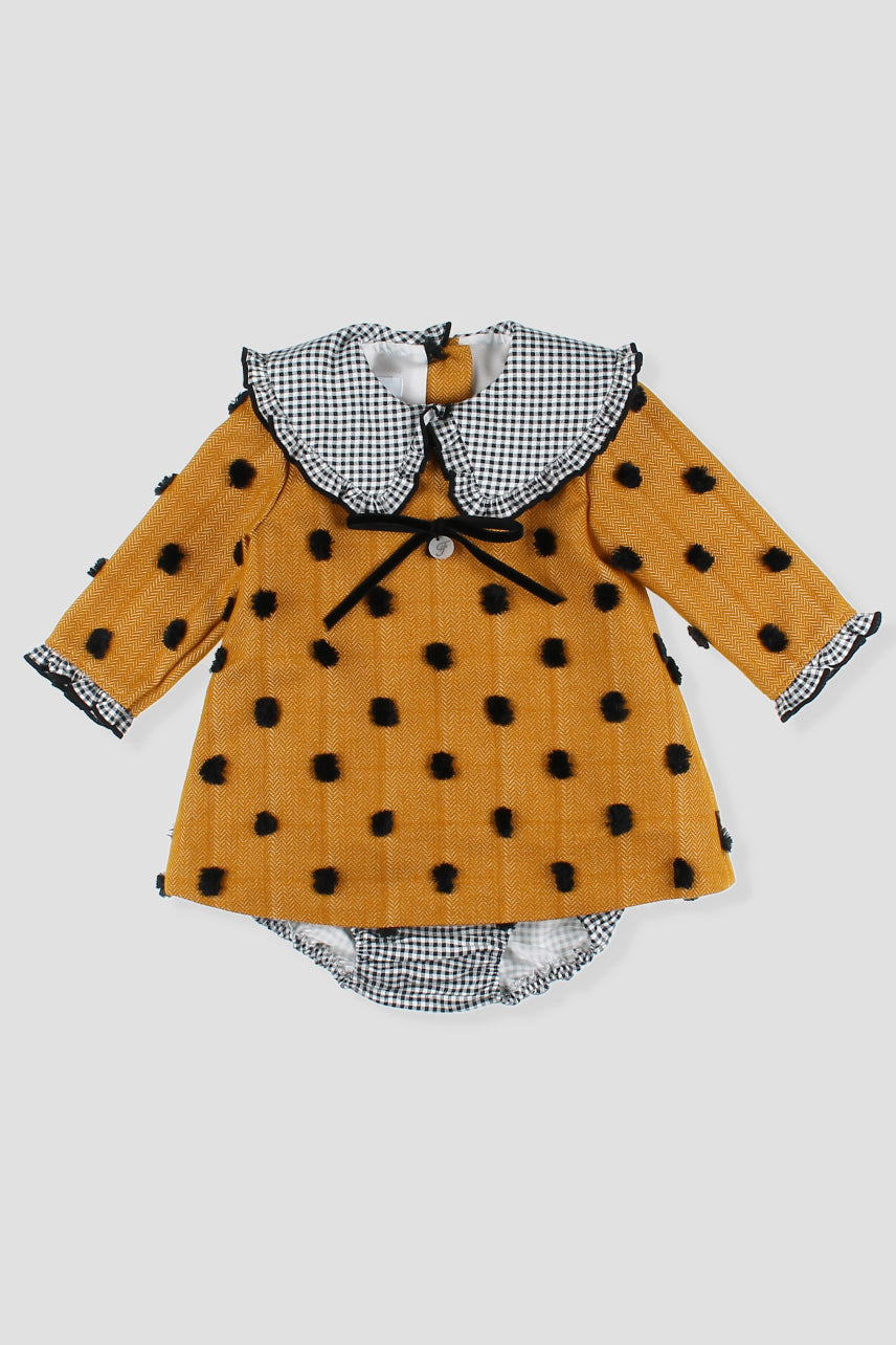 "Peggy" Mustard & Black Gingham Polka Dot Dress & Bloomers