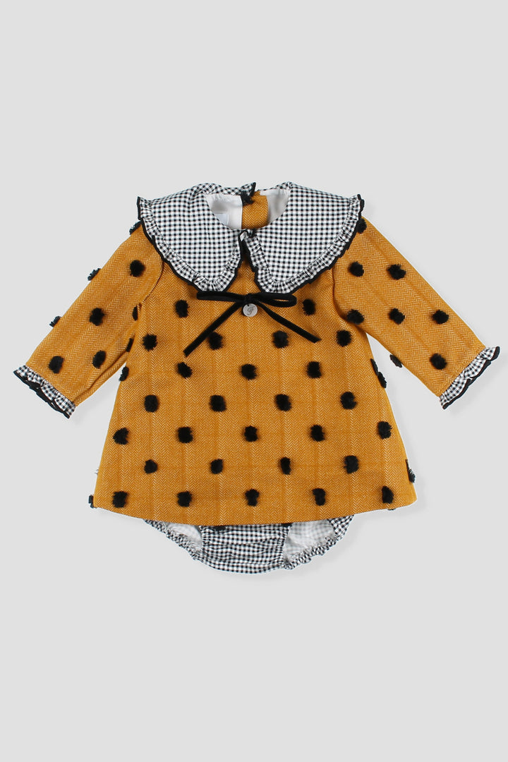 "Peggy" Mustard & Black Gingham Polka Dot Dress & Bloomers