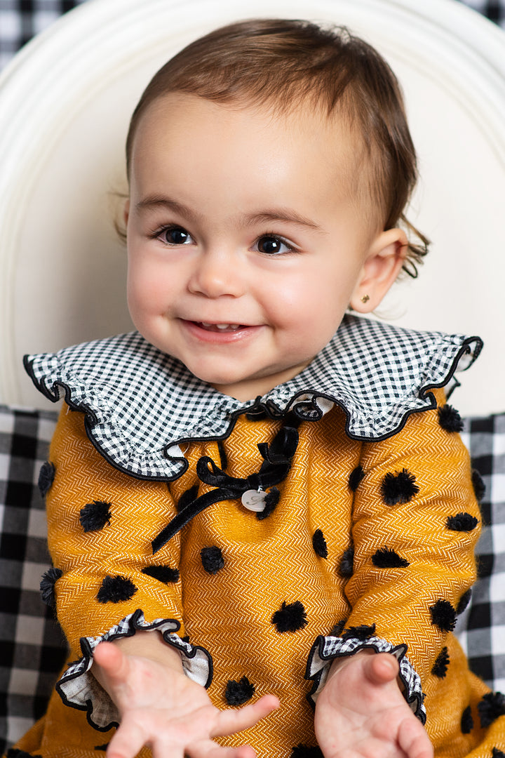 "Peggy" Mustard & Black Gingham Polka Dot Dress & Bloomers