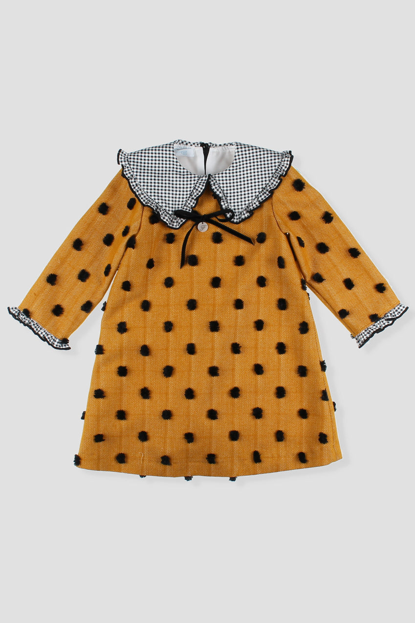 "Peggy" Mustard & Black Gingham Polka Dot Dress