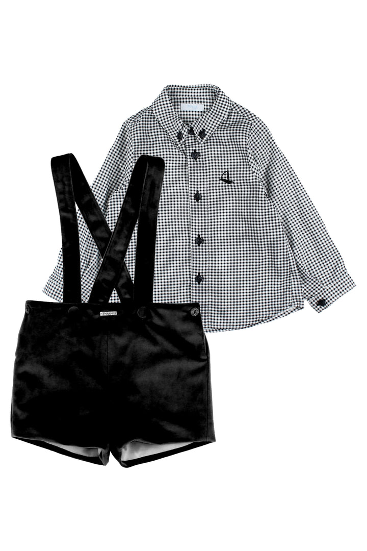 "Albie" Black Gingham Shirt & Velvet Shorts with Braces