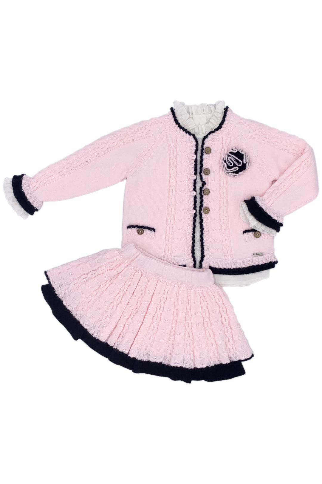 "Nellie" Baby Pink & Navy Knit Cardigan, Blouse & Skirt