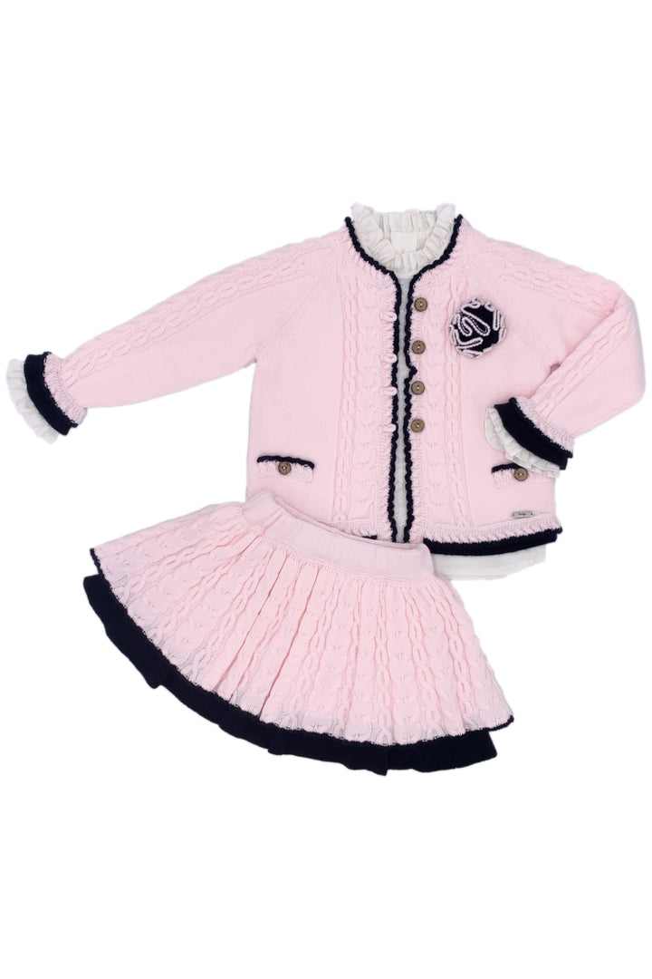 "Nellie" Baby Pink & Navy Knit Cardigan, Blouse & Skirt