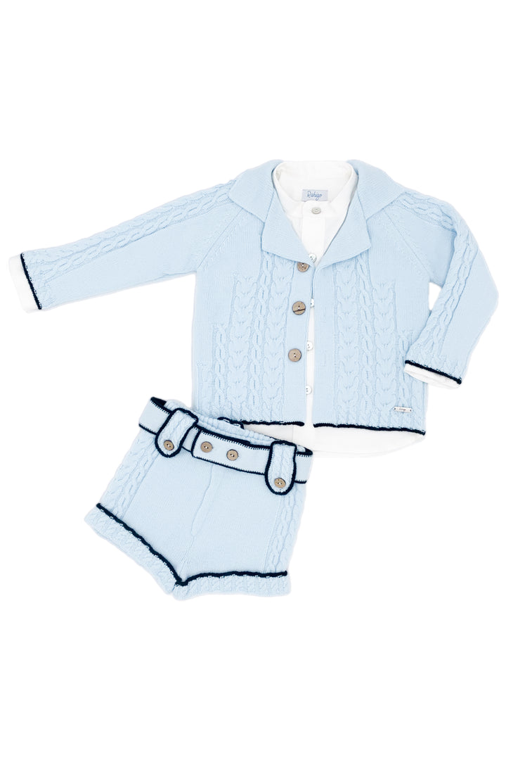 "Alfie" Baby Blue & Navy Knit Cardigan, Shirt & Shorts